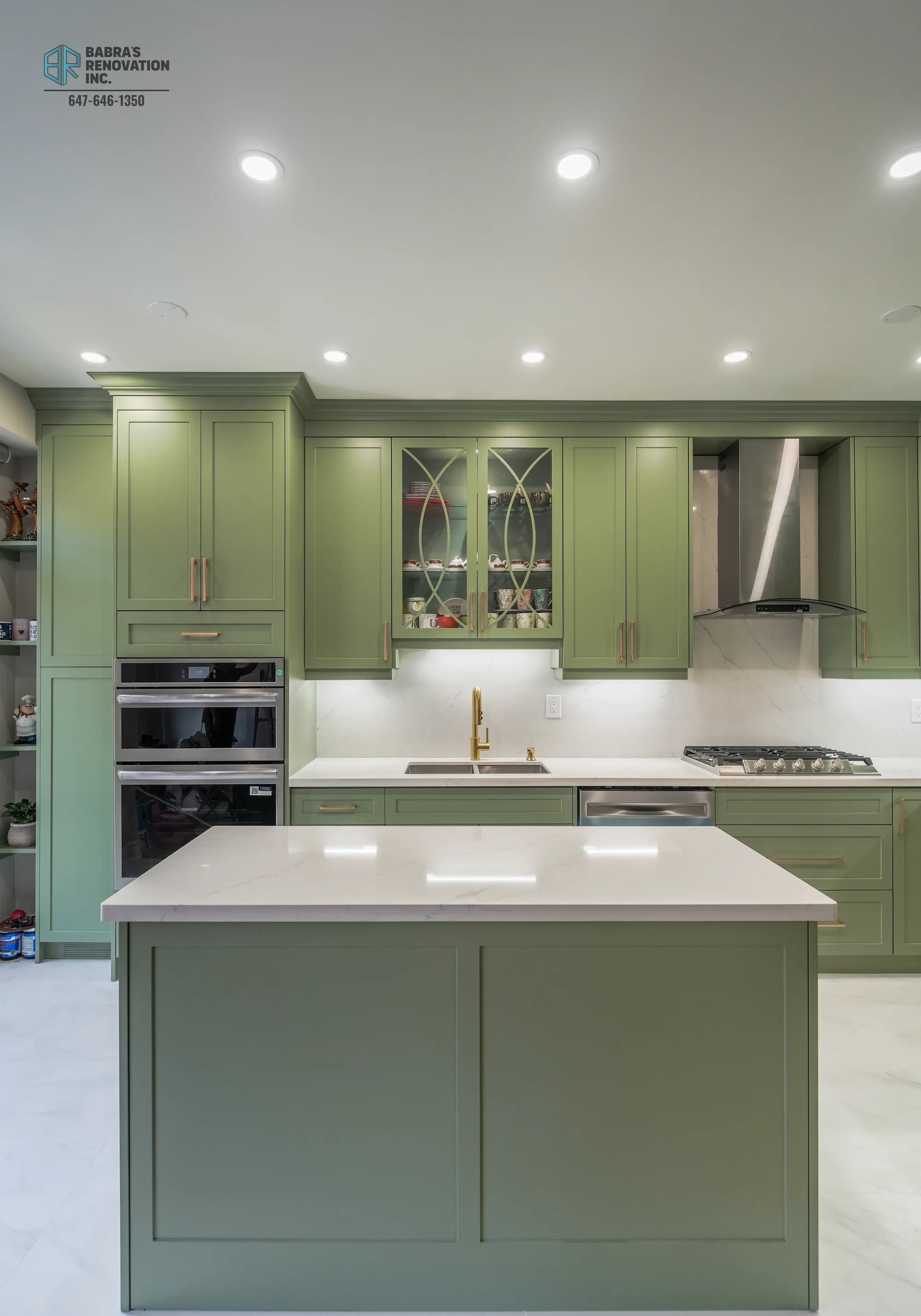Kitchen renovation with custom green cabinetry