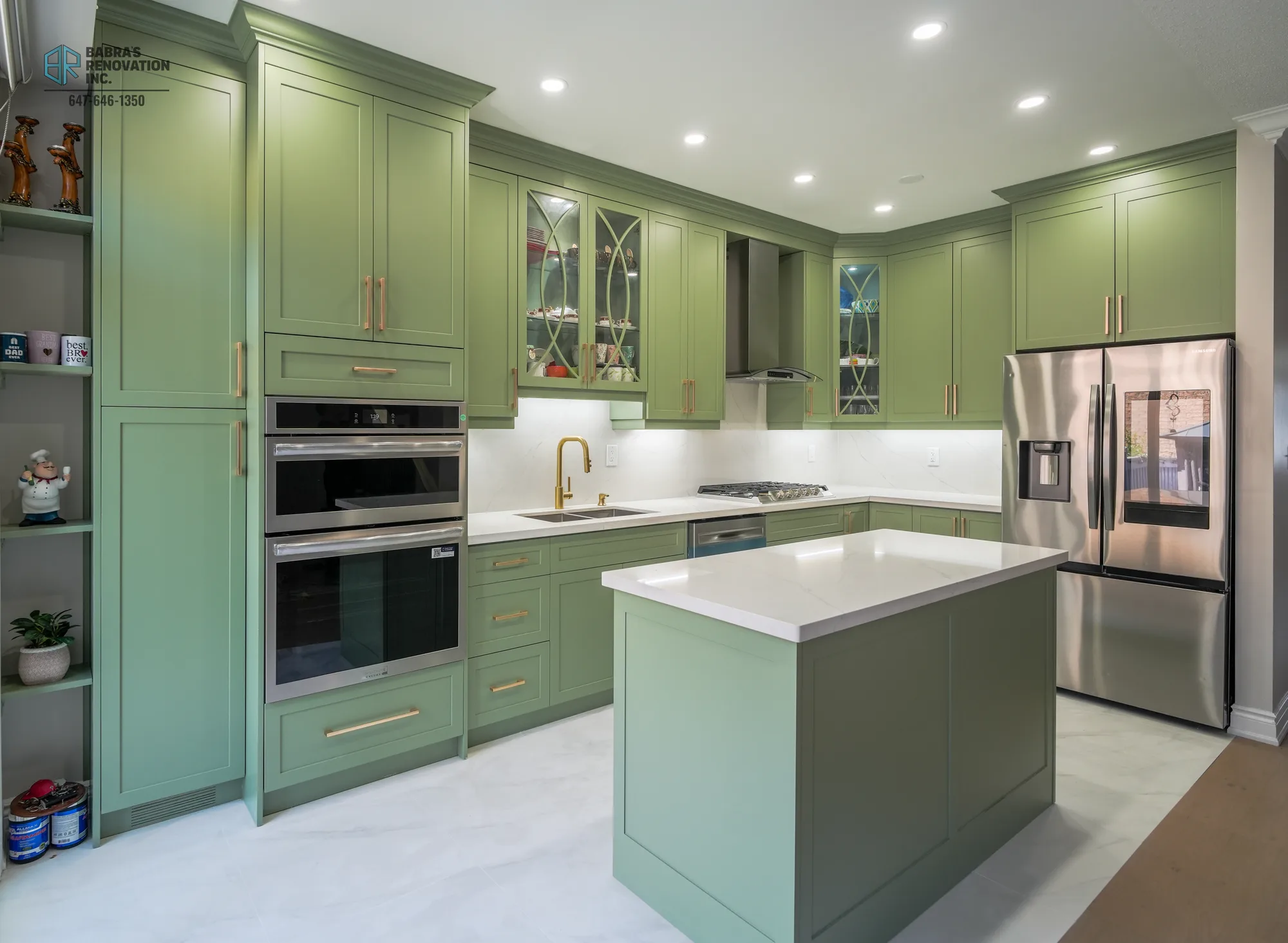 Open kitchen with sage shaker cabinets and quartz countertops