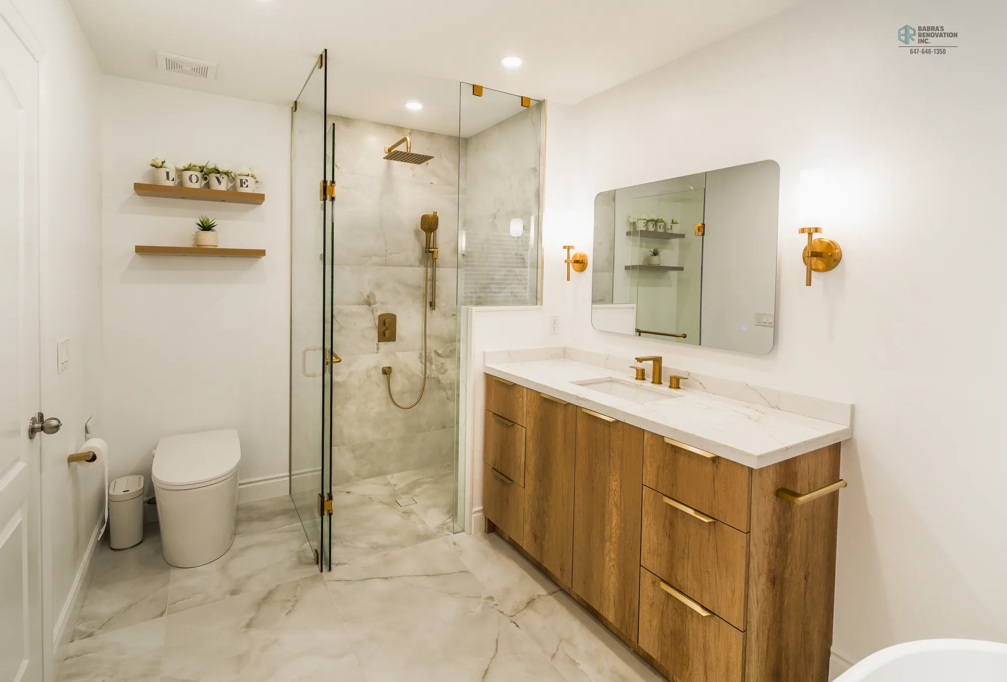 Spa-like bathroom with wood vanity, walk-in shower, and marble floor